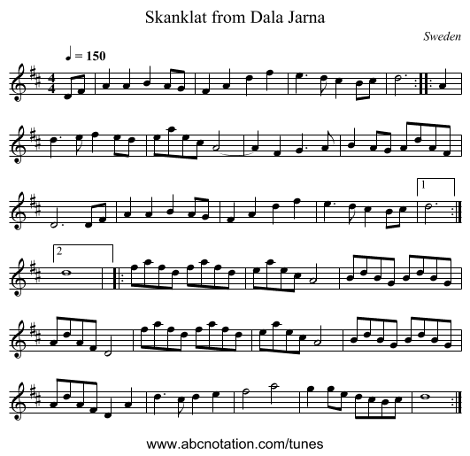 Skanklat from Dala Jarna - staff notation