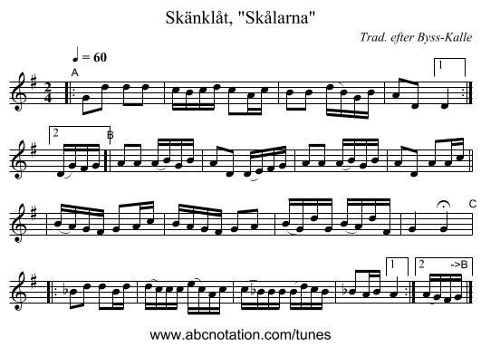 Skänklåt, Skålarna - staff notation