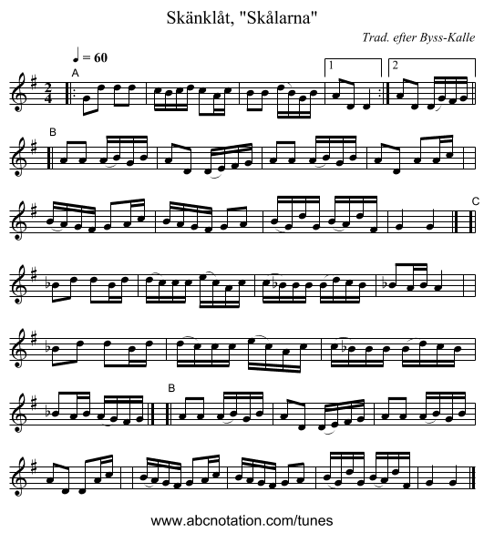 Skänklåt, Skålarna - staff notation