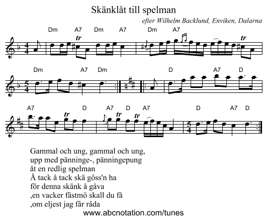 Skänklåt till spelman - staff notation