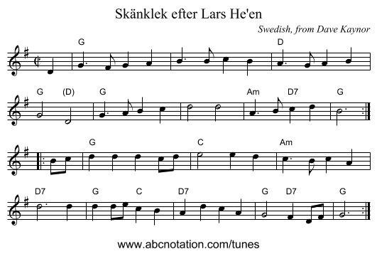 Sk&auml;nklek efter Lars He'en - staff notation