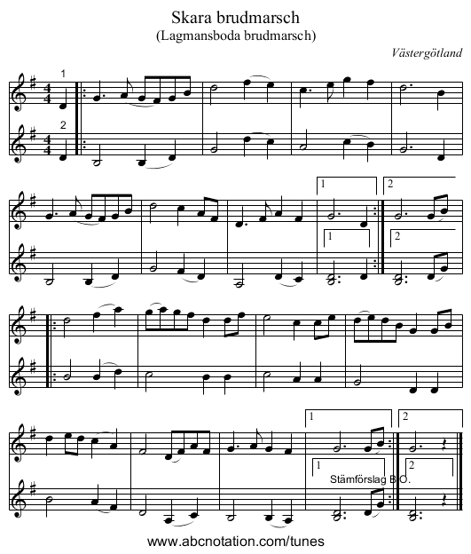 Skara brudmarsch - staff notation