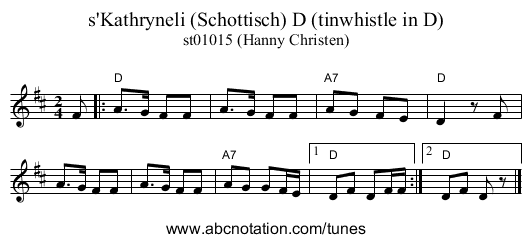 s'Kathryneli (Schottisch) D (tinwhistle in D) - staff notation