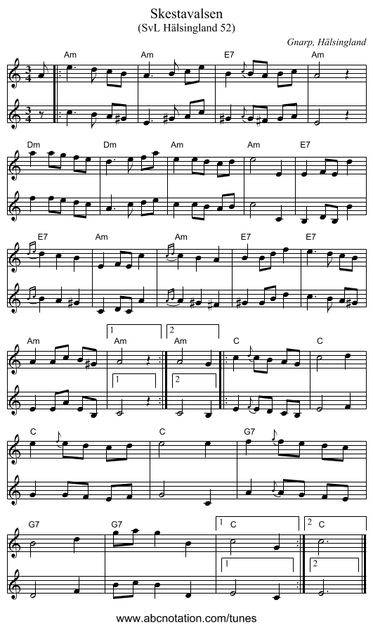 Skestavalsen - staff notation
