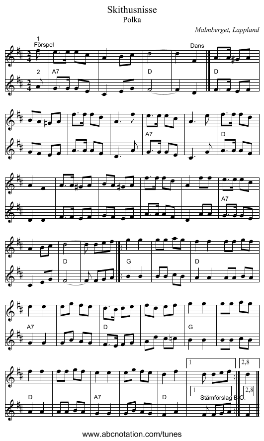 Skithusnisse - staff notation