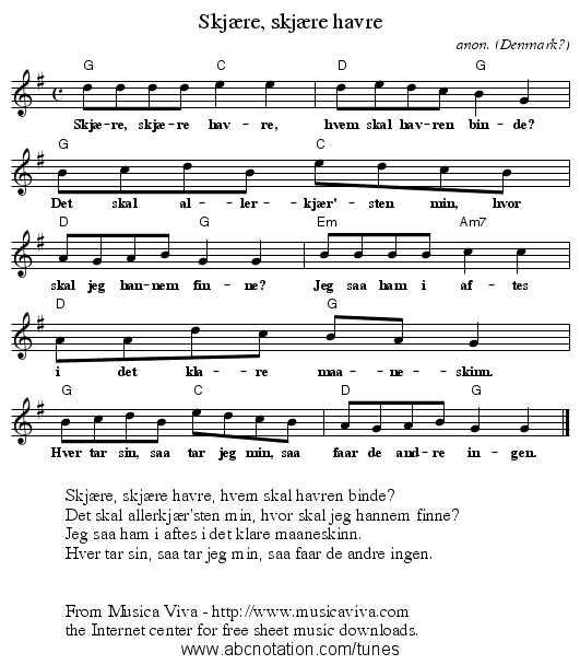 Skj&aelig;re, skj&aelig;re havre - staff notation