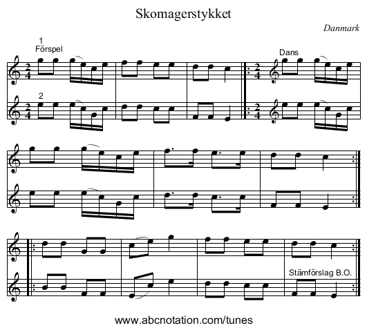 Skomagerstykket - staff notation