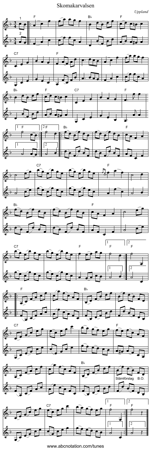 Skomakarvalsen - staff notation