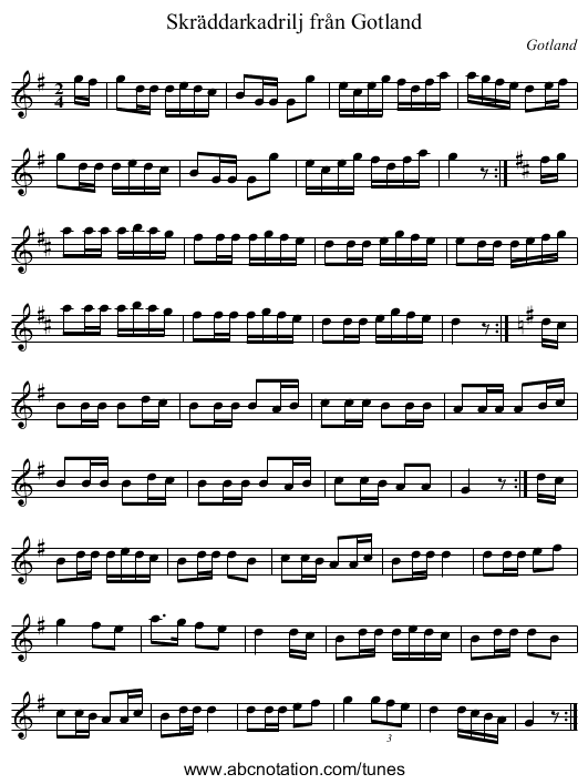 Skräddarkadrilj från Gotland - staff notation