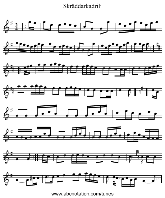 Skräddarkadrilj - staff notation