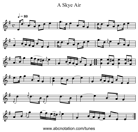 Skye Air, A - staff notation