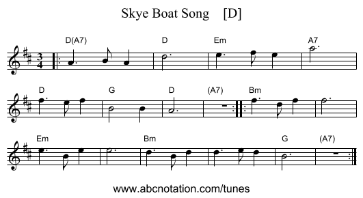 Skye Boat Song    [D] - staff notation