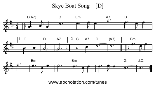 Skye Boat Song    [D] - staff notation