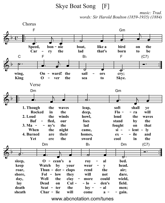 Skye Boat Song    [F] - staff notation