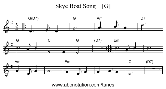 Skye Boat Song    [G] - staff notation