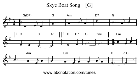 Skye Boat Song    [G] - staff notation