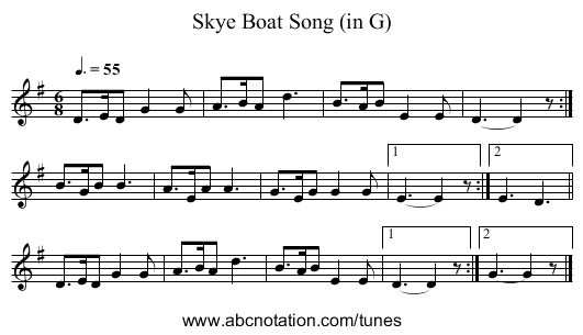 Skye Boat Song (in G) - staff notation
