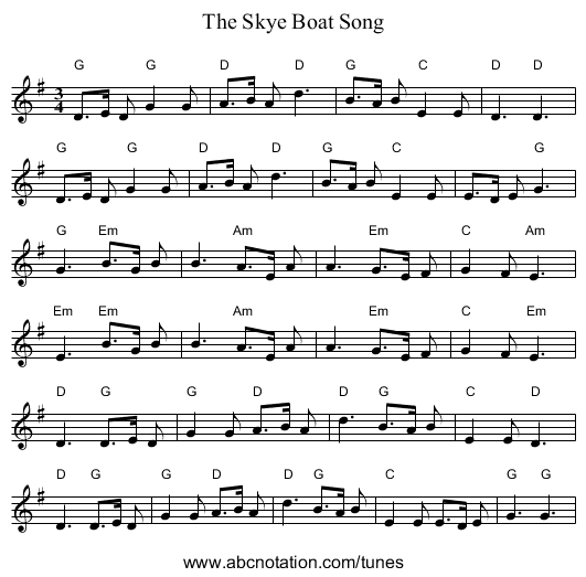 Skye Boat Song, The - staff notation