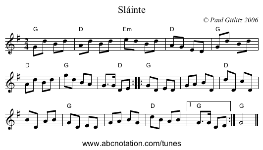 Sláinte - staff notation