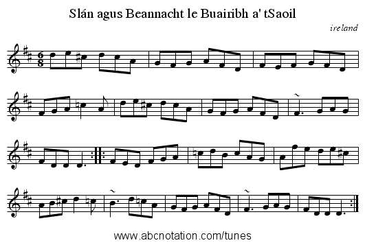 Slán agus Beannacht le Buairibh a' tSaoil - staff notation