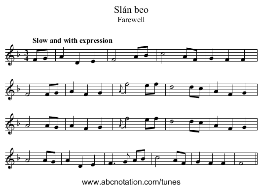 Slán beo - staff notation