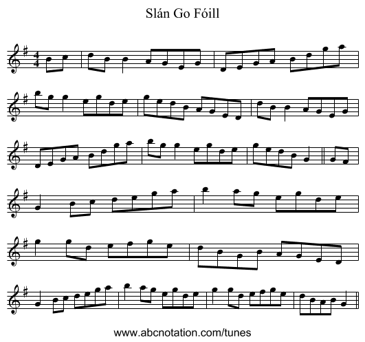 Slán Go Fóill - staff notation