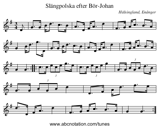 Slängpolska efter Bör-Johan - staff notation