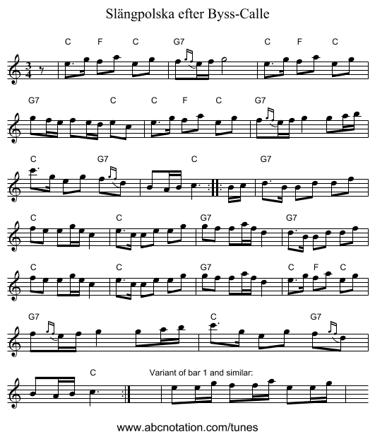 Sl&auml;ngpolska efter Byss-Calle - staff notation