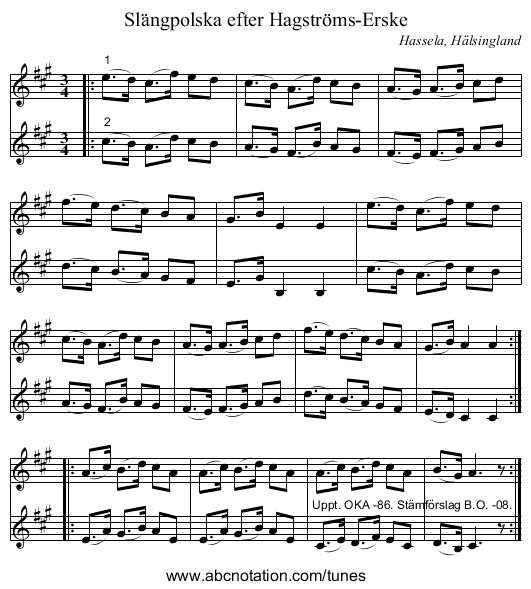 Slängpolska efter Hagströms-Erske - staff notation