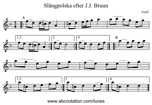 Sl&auml;ngpolska efter J.J. Bruun - staff notation