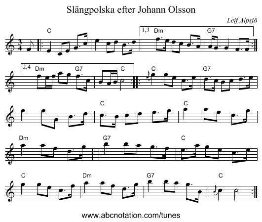 Sl&auml;ngpolska efter Johann Olsson - staff notation