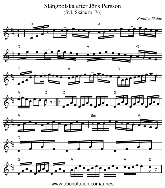 Slängpolska efter Jöns Persson - staff notation
