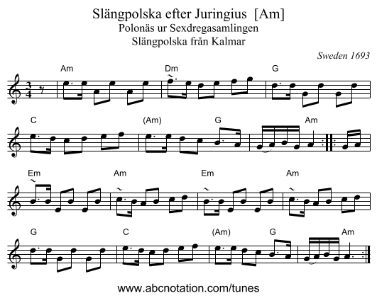 Sl&auml;ngpolska efter Juringius  [Am] - staff notation