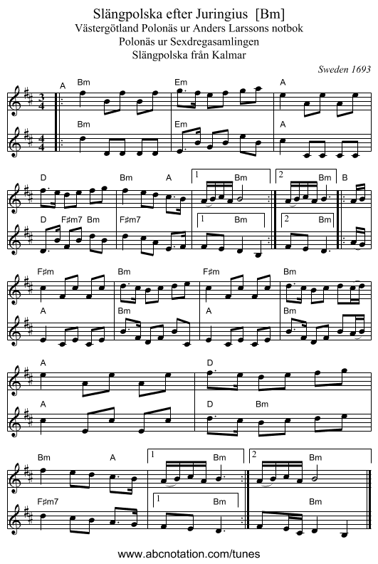 Sl&auml;ngpolska efter Juringius  [Bm] - staff notation