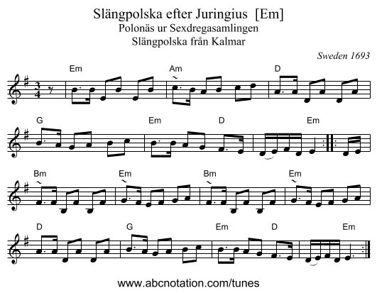 Sl&auml;ngpolska efter Juringius  [Em] - staff notation