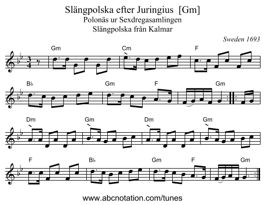 Sl&auml;ngpolska efter Juringius  [Gm] - staff notation