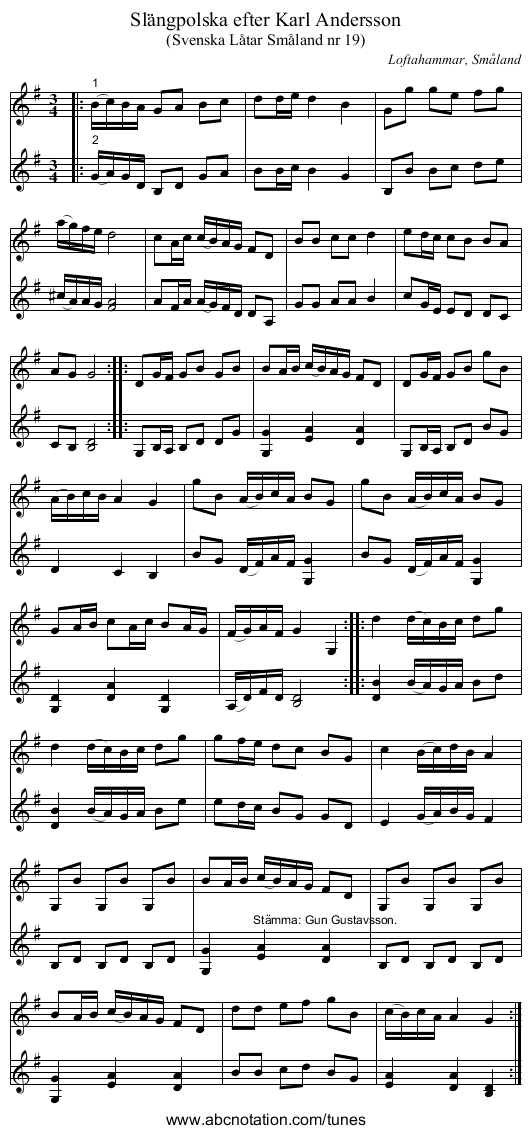 Slängpolska efter Karl Andersson - staff notation