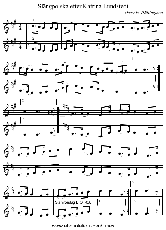 Slängpolska efter Katrina Lundstedt - staff notation