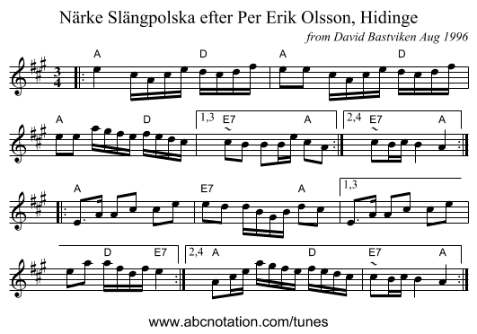 Sl&auml;ngpolska efter Per Erik Olsson, Hidinge, N&auml;rke - staff notation