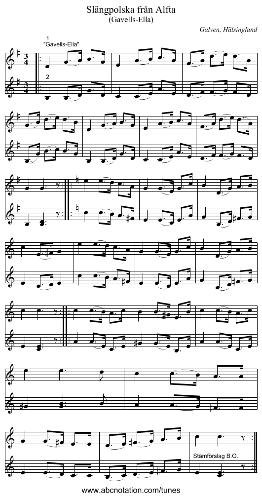 Slängpolska från Alfta - staff notation