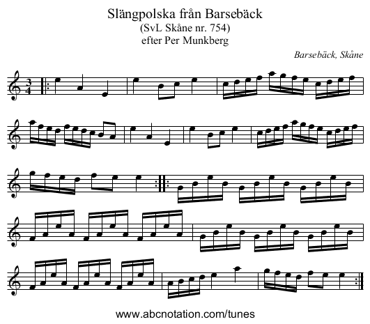 Slängpolska från Barsebäck - staff notation