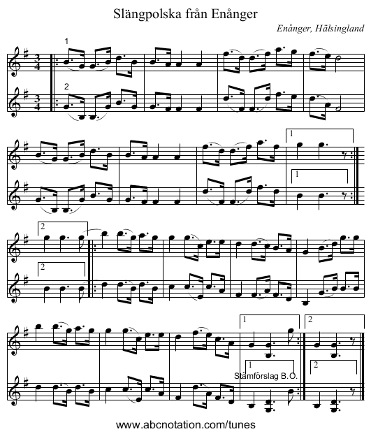 Slängpolska från Enånger - staff notation