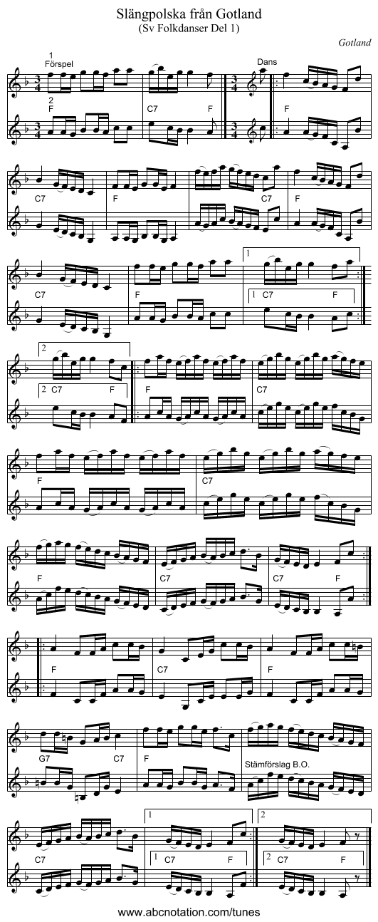 Slängpolska från Gotland - staff notation