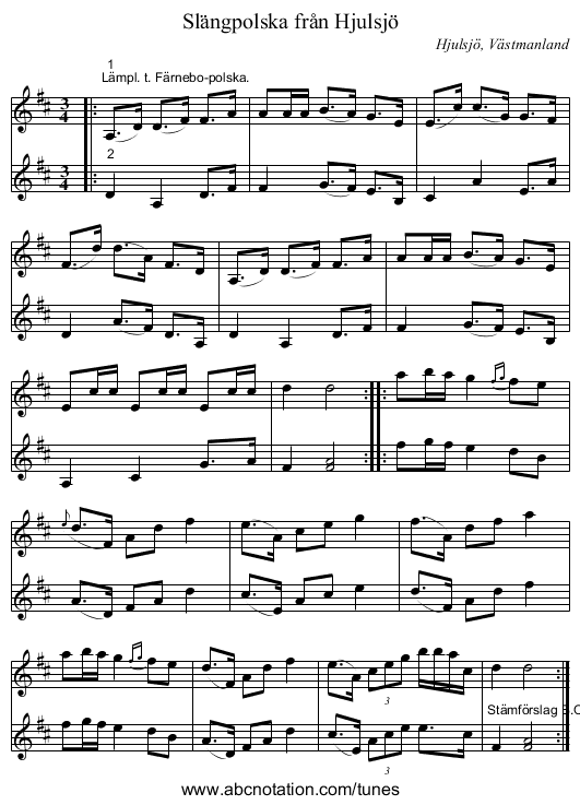 Slängpolska från Hjulsjö - staff notation