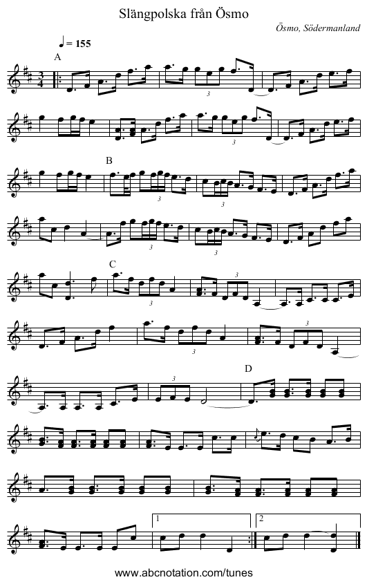Slängpolska från Ösmo - staff notation