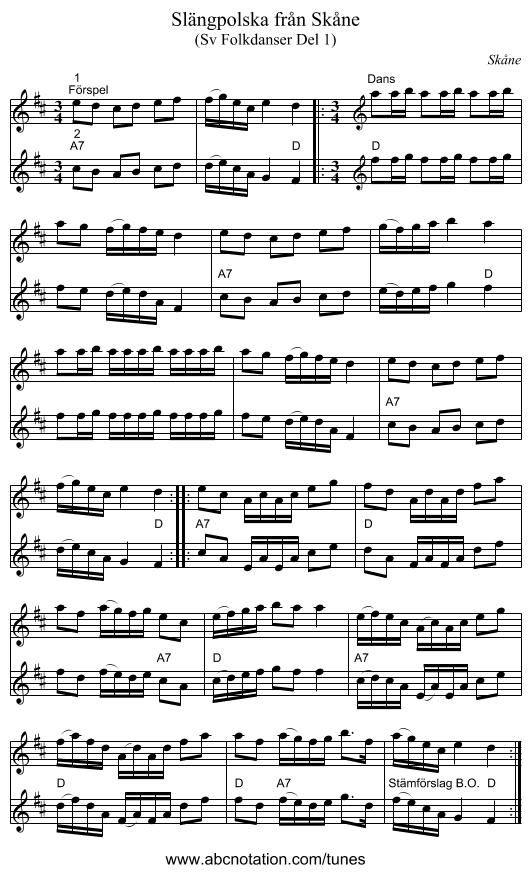 Slängpolska från Skåne - staff notation