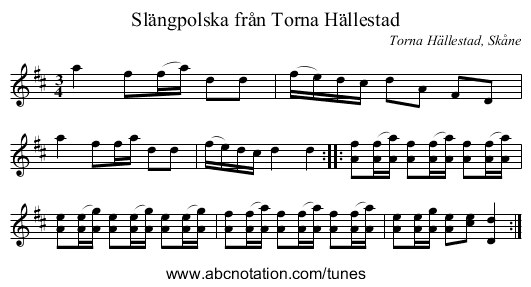 Slängpolska från Torna Hällestad - staff notation