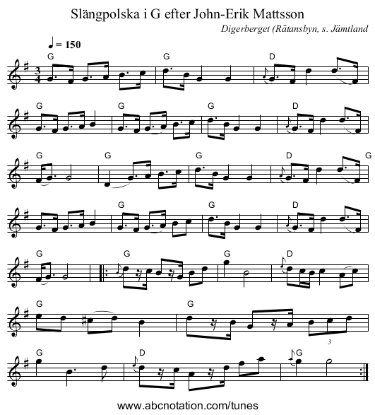 Slängpolska i G efter John-Erik Mattsson - staff notation