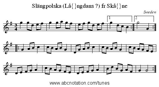 Sl&auml;ngpolska (L&aring;ngdans ?) fr Sk&aring;ne - staff notation
