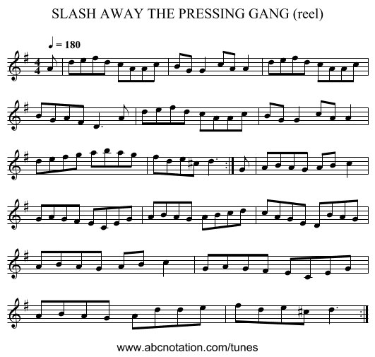 SLASH AWAY THE PRESSING GANG (reel) - staff notation